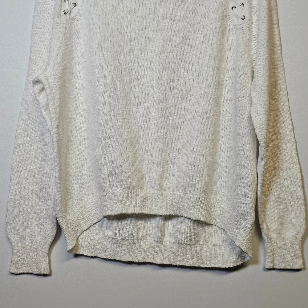Express Sweater L Womens White Lace Up Shoulder Cotton Knit Cottagecore Coastal
